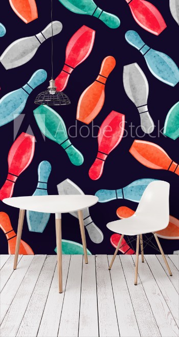 Picture of Seamless pattern with colorful watercolor bowling pins on dark Vector bowling background